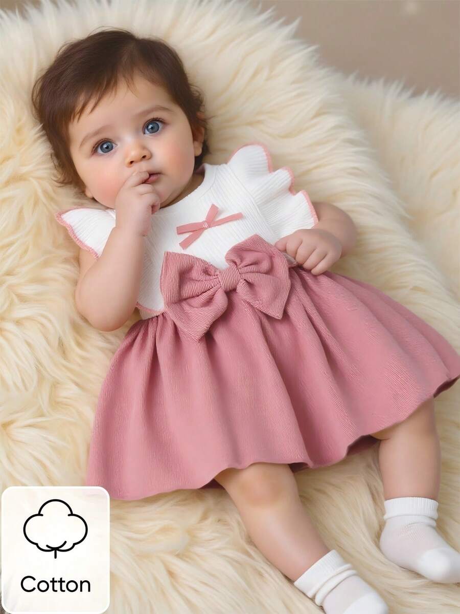 Baby Lace Collar Pink Bow Dress for Elegant Retro Summer Wear