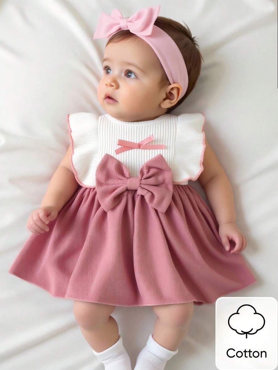 Baby Lace Collar Pink Bow Dress for Elegant Retro Summer Wear