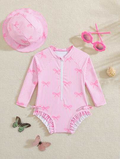 Baby Bow Print Long Sleeve One-Piece Swimsuit Set with Matching Swim Cap