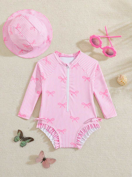 Baby Bow Print Long Sleeve One-Piece Swimsuit Set with Matching Swim Cap