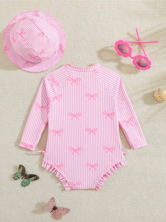 Baby Bow Print Long Sleeve One-Piece Swimsuit Set with Matching Swim Cap