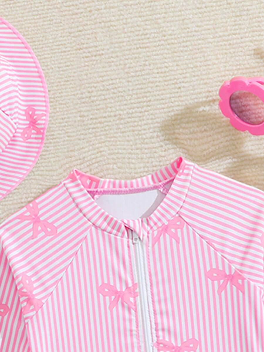 Baby Bow Print Long Sleeve One-Piece Swimsuit Set with Matching Swim Cap