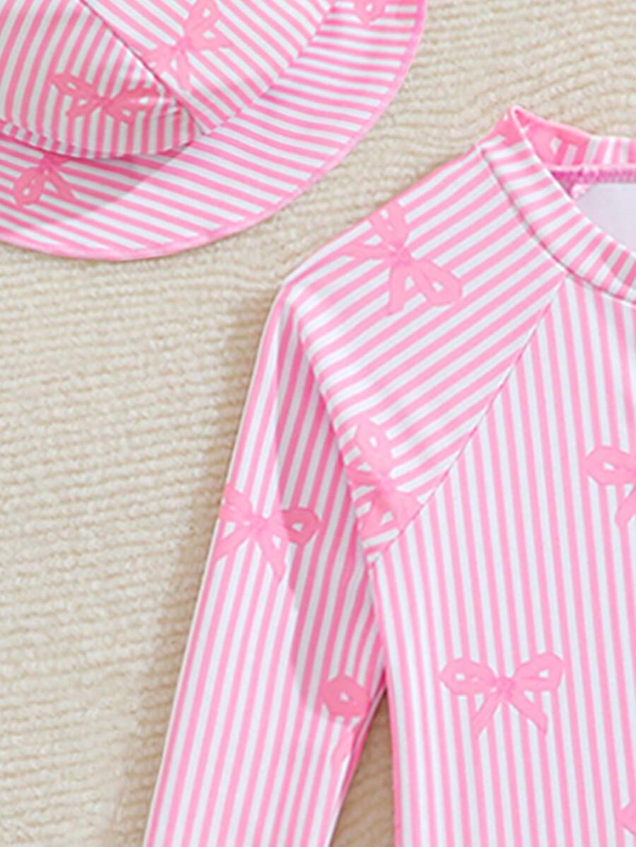 Baby Bow Print Long Sleeve One-Piece Swimsuit Set with Matching Swim Cap