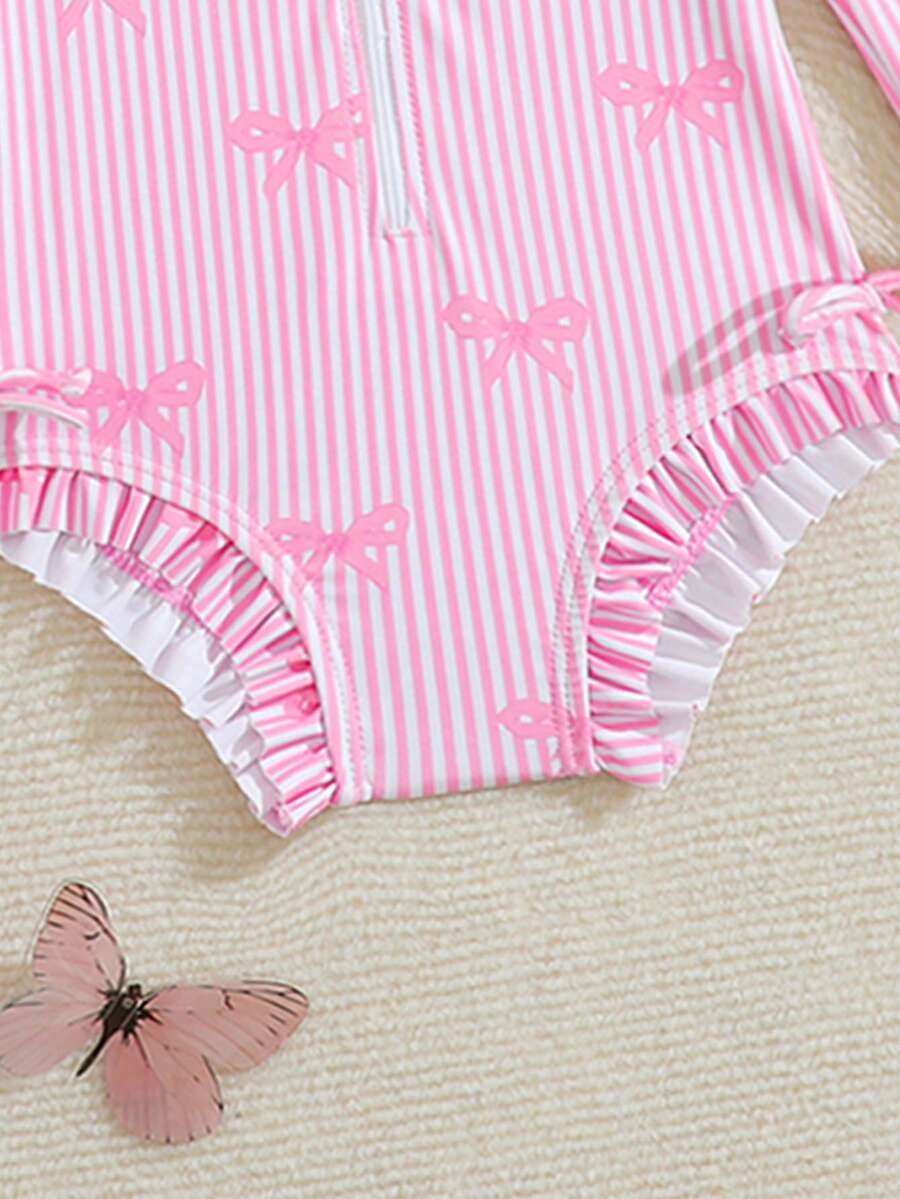 Baby Bow Print Long Sleeve One-Piece Swimsuit Set with Matching Swim Cap