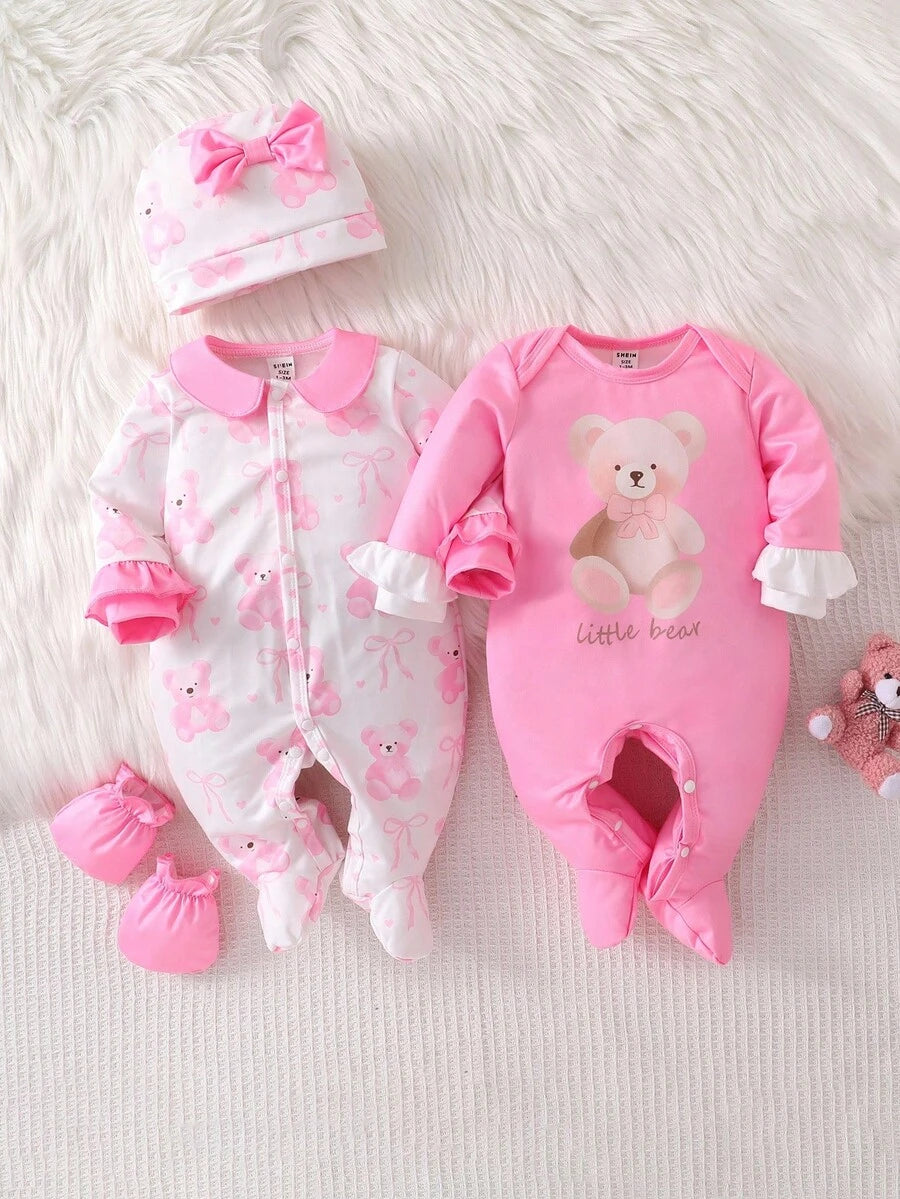 4PCS Newborn Bear & Bow Print Romper Set with Hat & Mittens