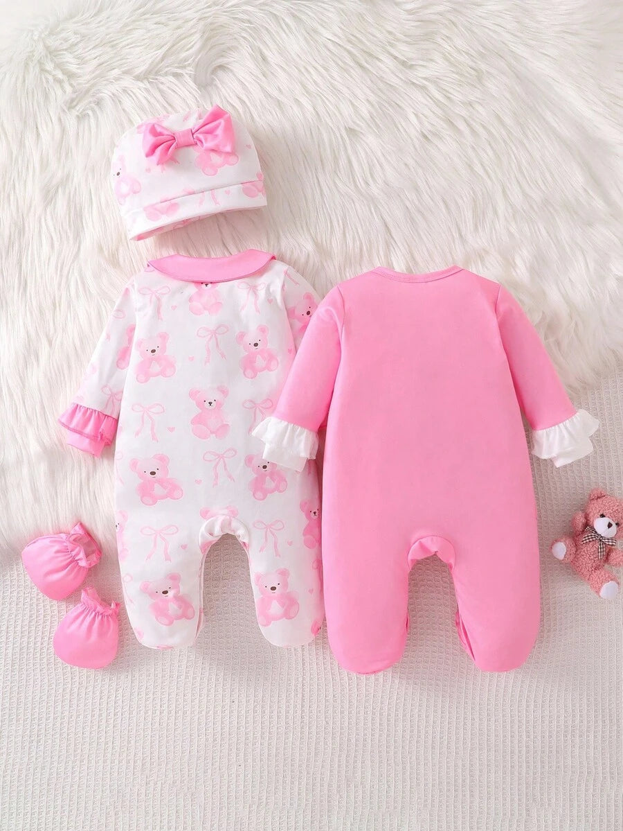 4PCS Newborn Bear & Bow Print Romper Set with Hat & Mittens
