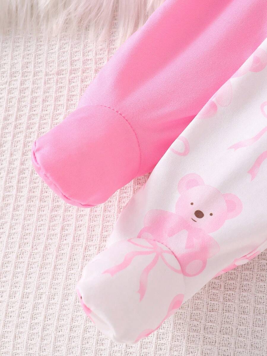 4PCS Newborn Bear & Bow Print Romper Set with Hat & Mittens