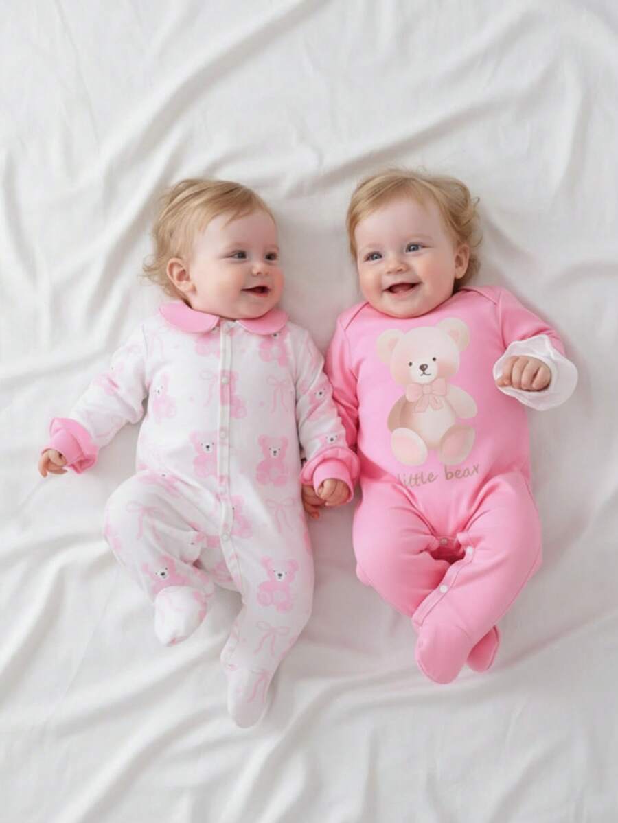 4PCS Newborn Bear & Bow Print Romper Set with Hat & Mittens