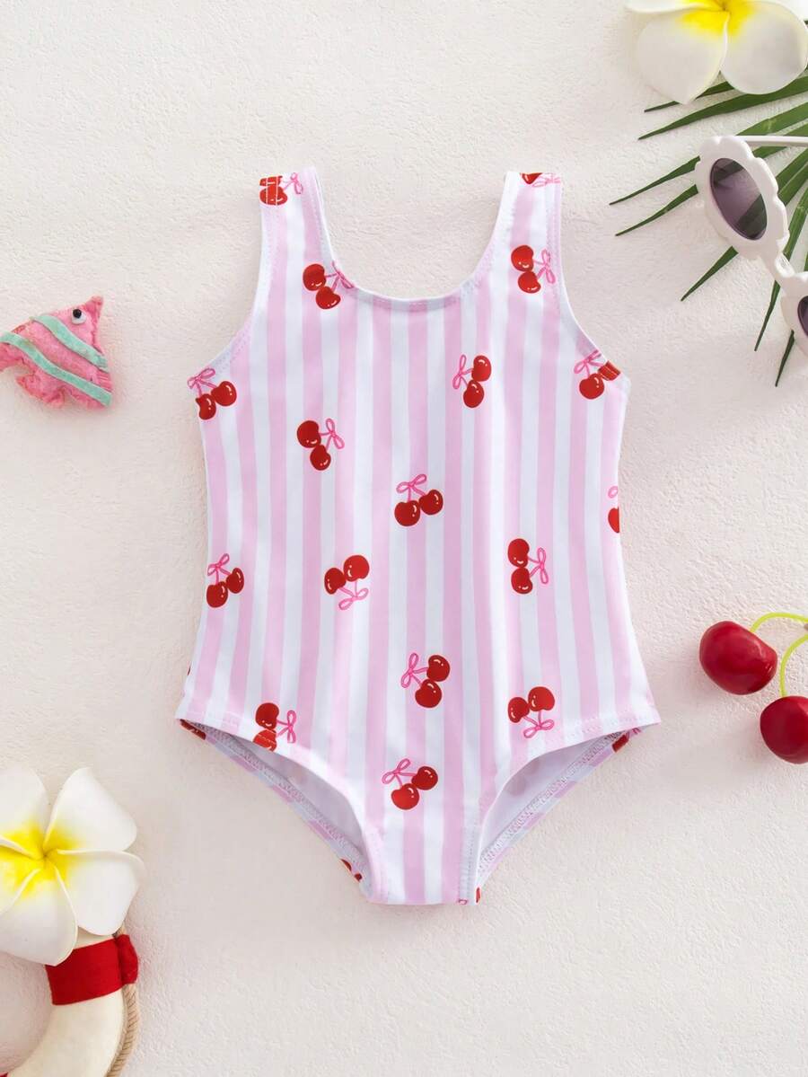 Baby Cherry Print Striped One-Piece Swimsuit for Summer Beach and Vacation Wear