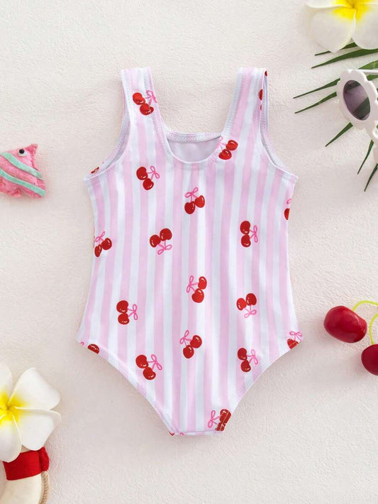 Baby Cherry Print Striped One-Piece Swimsuit for Summer Beach and Vacation Wear