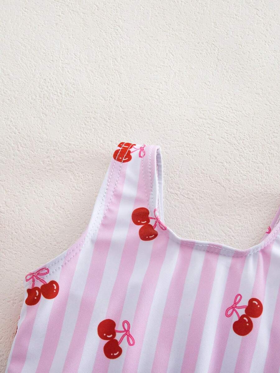Baby Cherry Print Striped One-Piece Swimsuit for Summer Beach and Vacation Wear