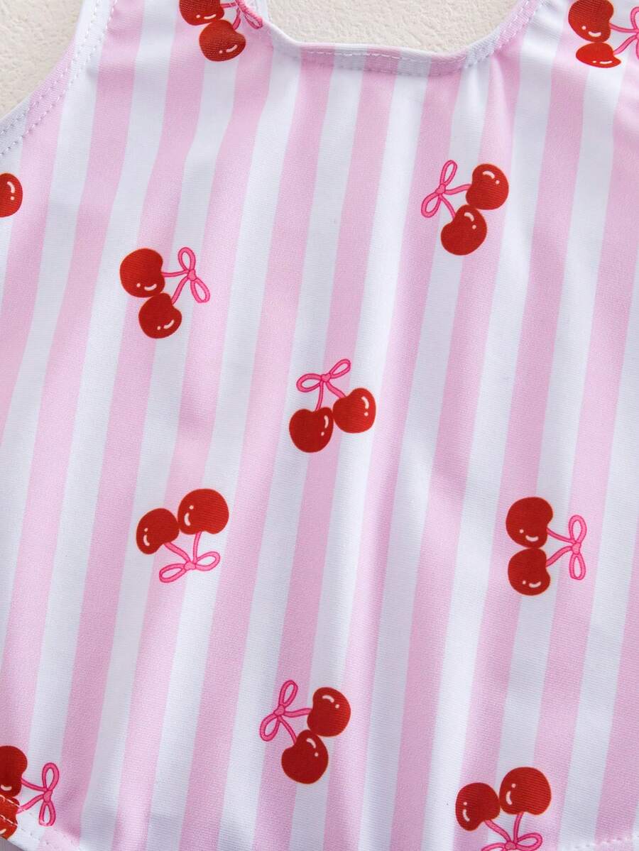 Baby Cherry Print Striped One-Piece Swimsuit for Summer Beach and Vacation Wear