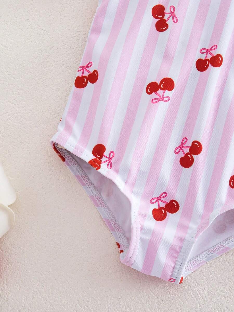 Baby Cherry Print Striped One-Piece Swimsuit for Summer Beach and Vacation Wear