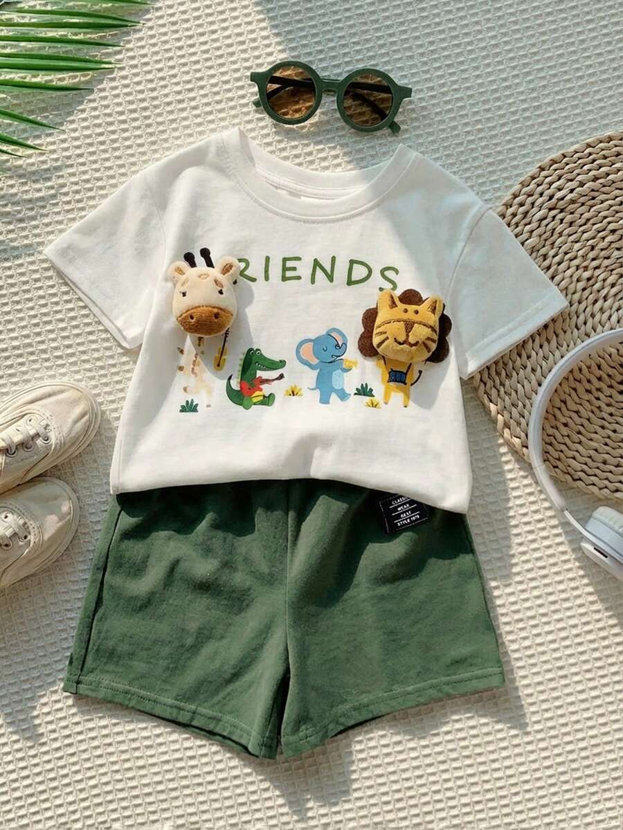 Baby Boy Animal Crayon Print T Shirt and Knitted Shorts 2 Piece Casual Spring Summer Outfit Set