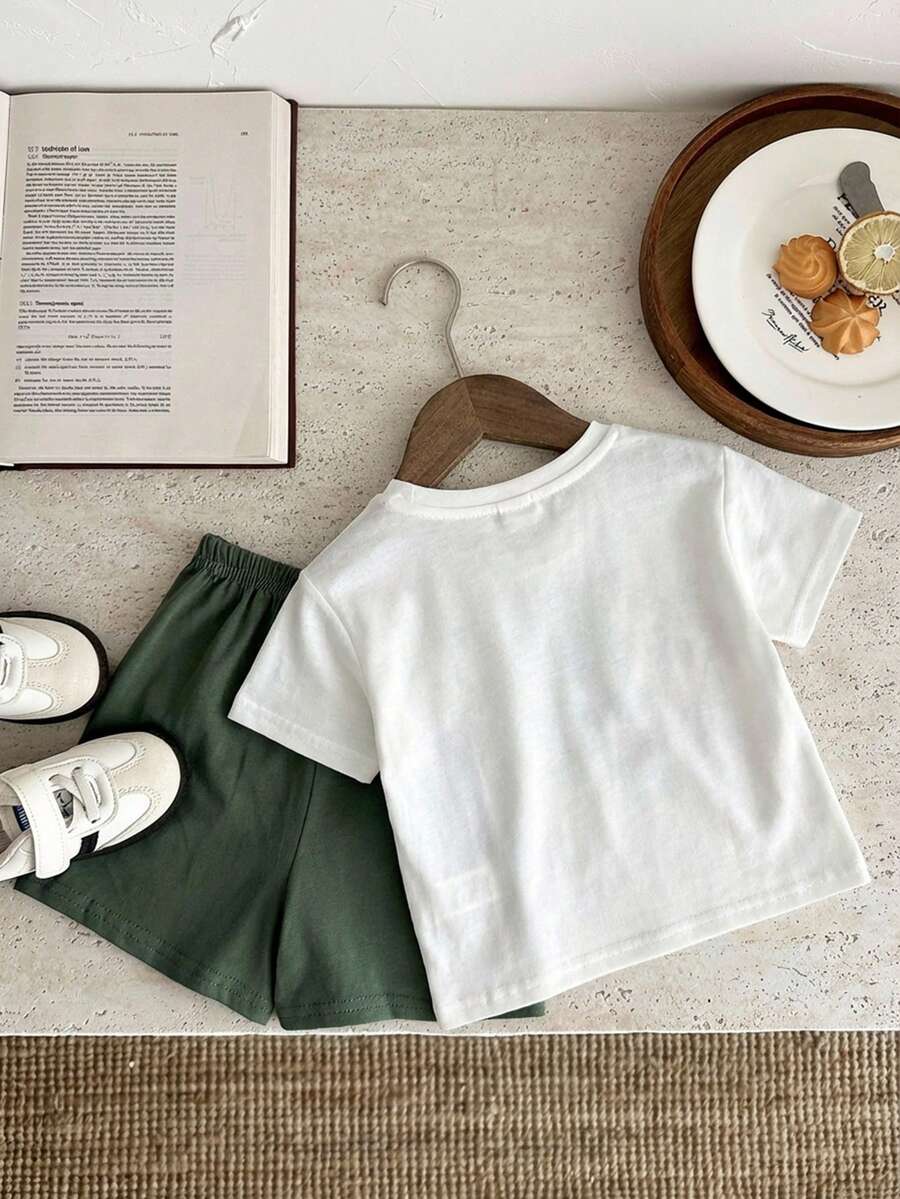 Baby Boy Animal Crayon Print T Shirt and Knitted Shorts 2 Piece Casual Spring Summer Outfit Set