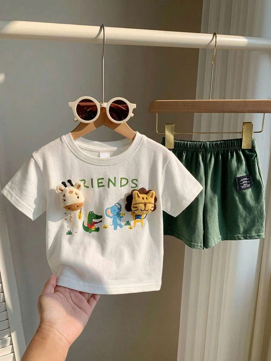 Baby Boy Animal Crayon Print T Shirt and Knitted Shorts 2 Piece Casual Spring Summer Outfit Set