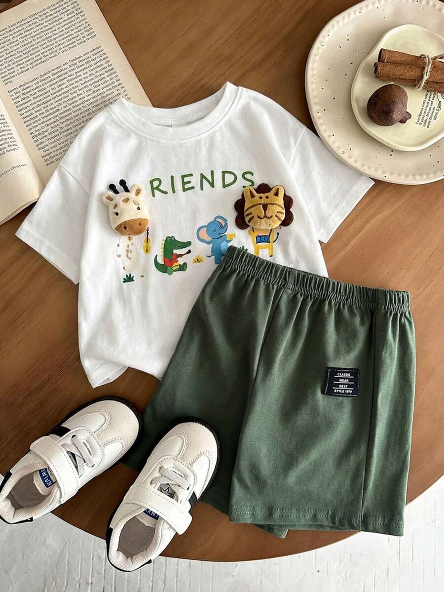 Baby Boy Animal Crayon Print T Shirt and Knitted Shorts 2 Piece Casual Spring Summer Outfit Set