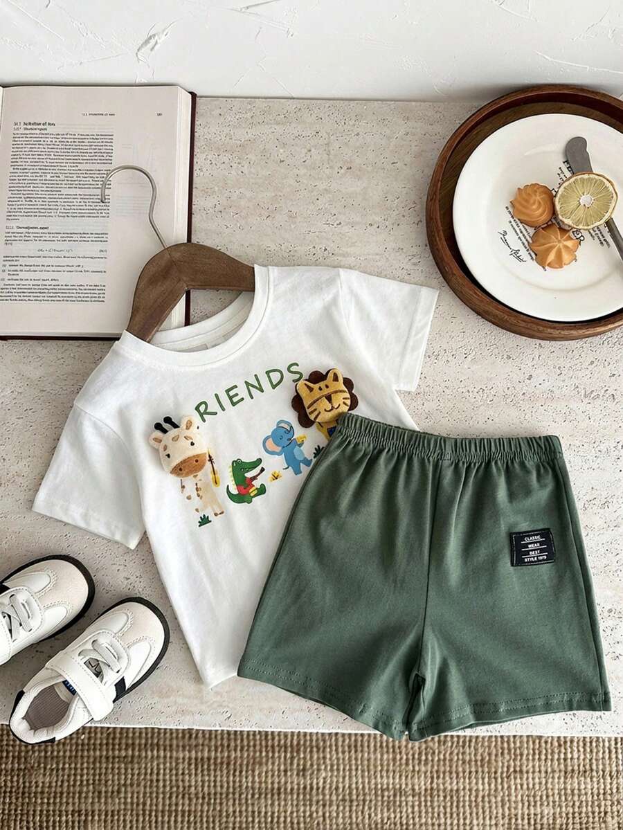 Baby Boy Animal Crayon Print T Shirt and Knitted Shorts 2 Piece Casual Spring Summer Outfit Set