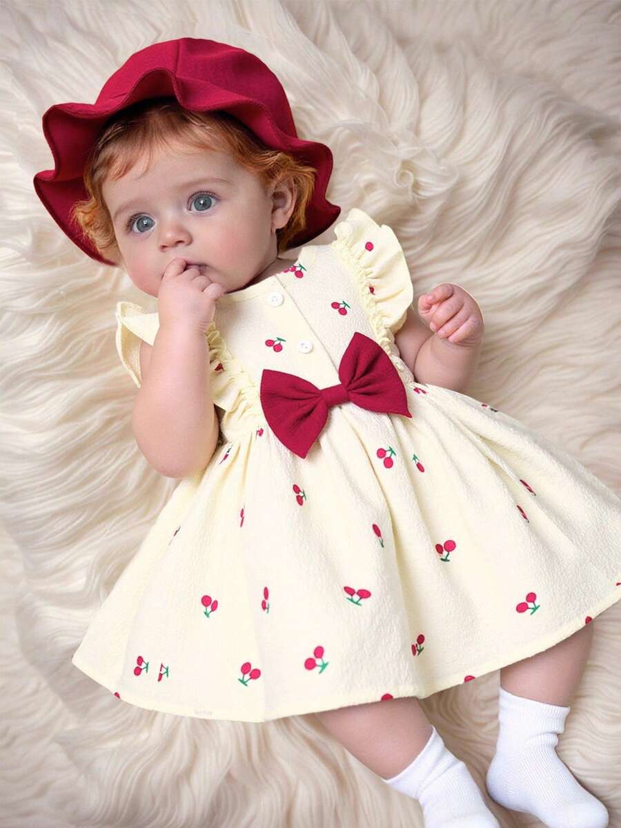 Baby Cherry Print Sleeveless Dress and Red Hat Set for Cute Summer Outings