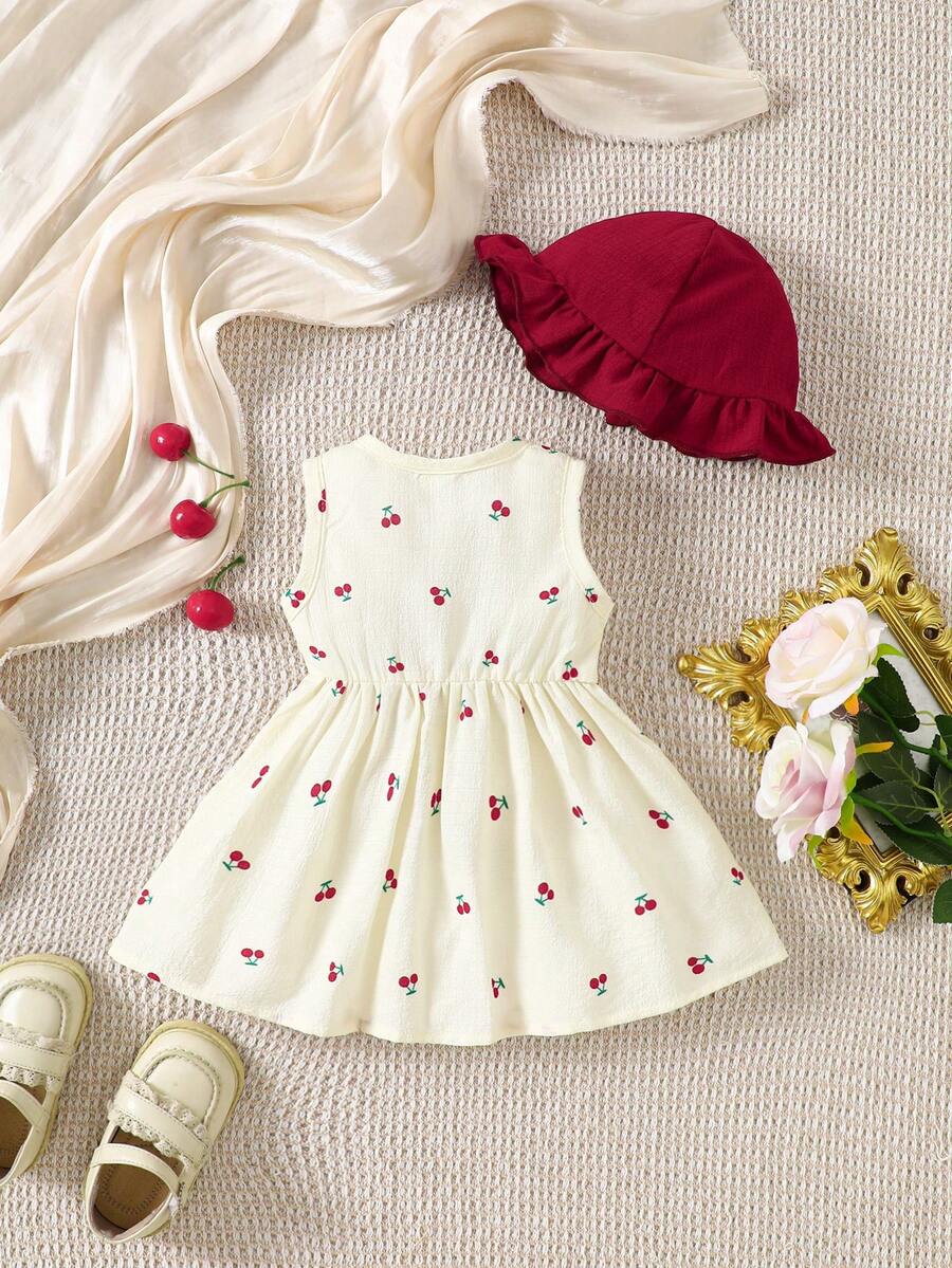 Baby Cherry Print Sleeveless Dress and Red Hat Set for Cute Summer Outings