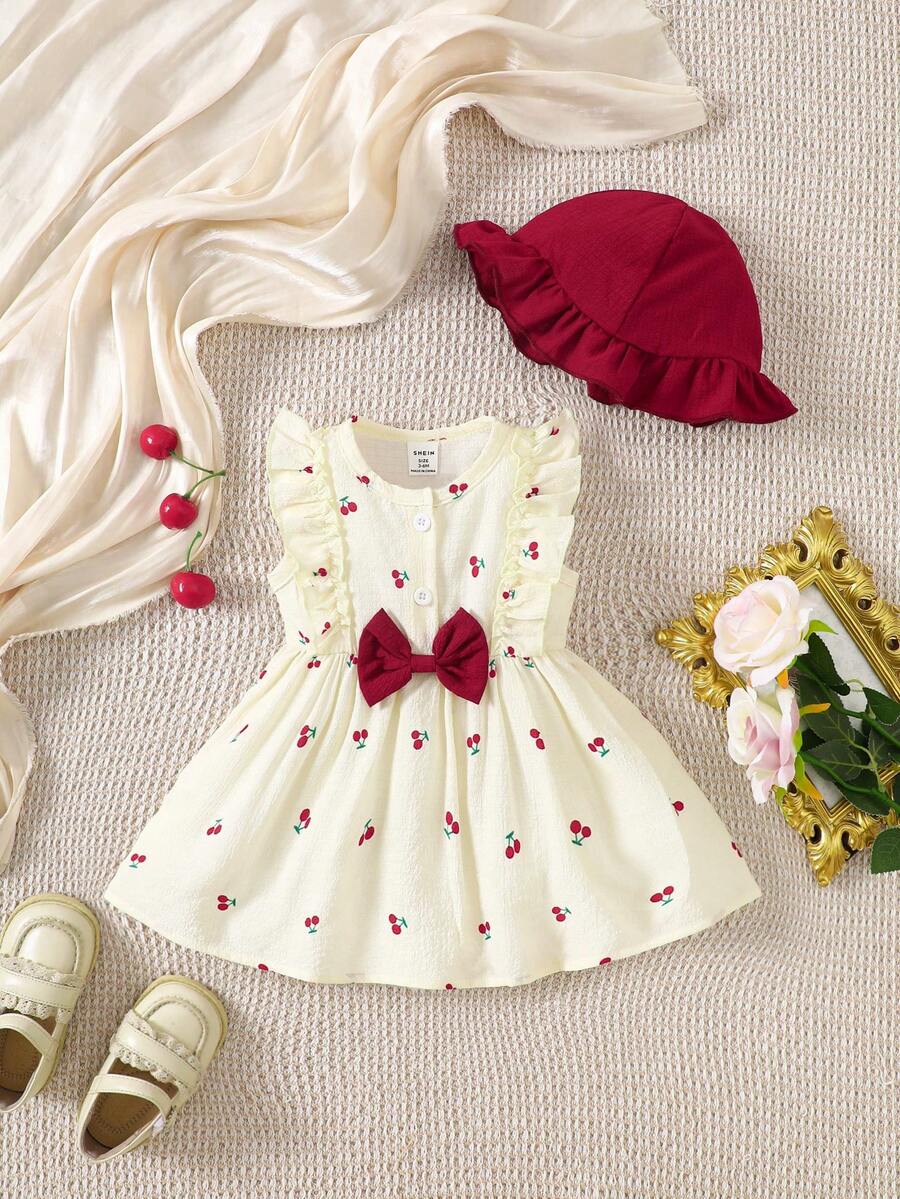 Baby Cherry Print Sleeveless Dress and Red Hat Set for Cute Summer Outings