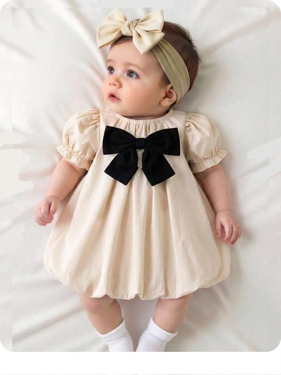 Baby Apricot Bowknot Long Sleeve Dress for Cute Daily and Outdoor Wear