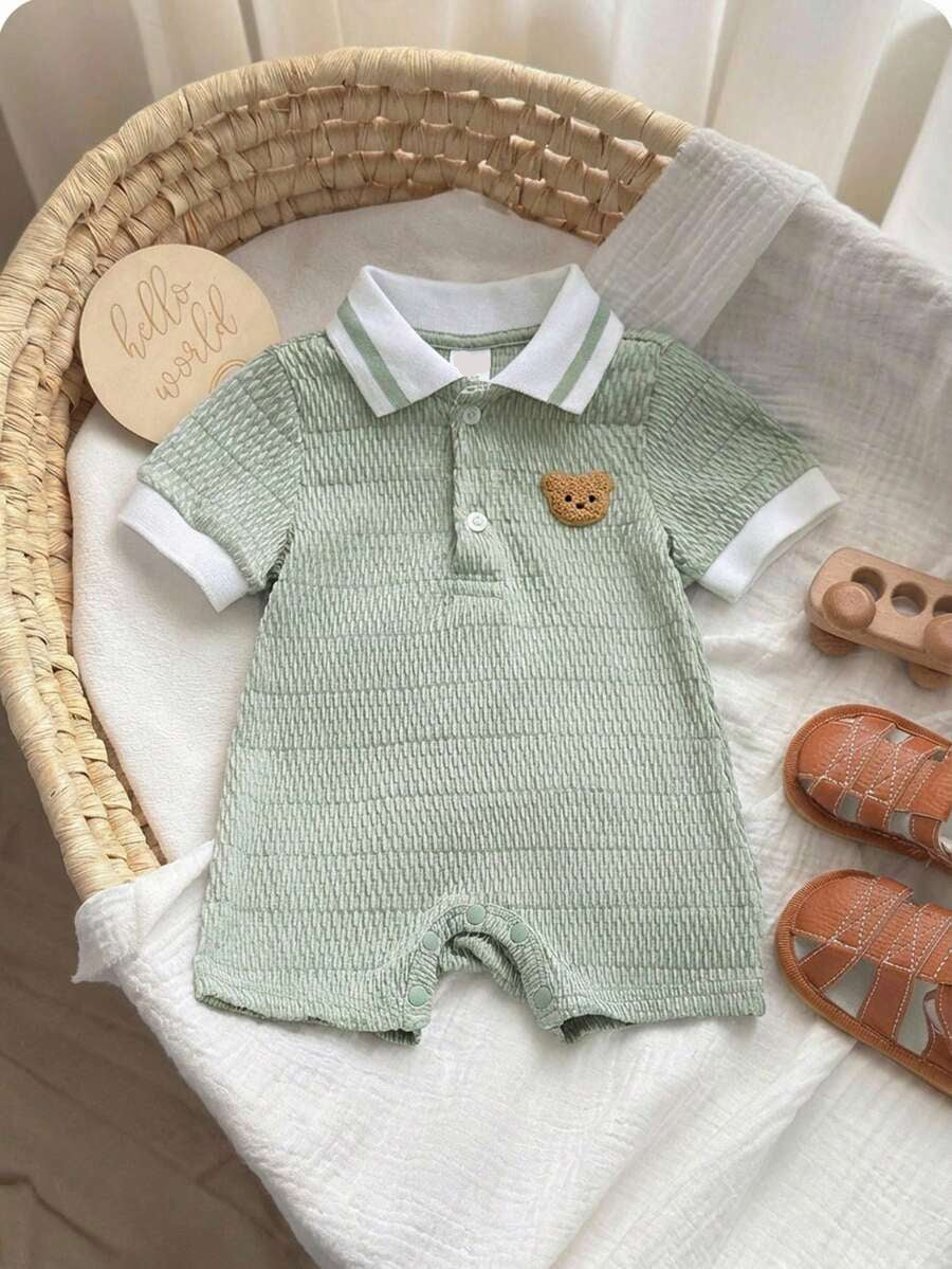 Unisex Newborn Baby Contrast Color Jacquard Polo Collar Half Zip Short Sleeve Jumpsuit Summer Outfit