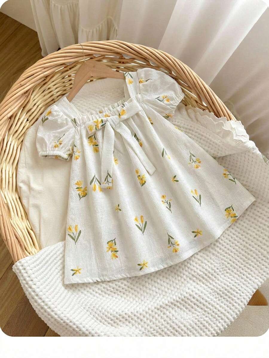 Green Plaid Short Sleeve Dress for Baby Girls - Cute Bow Accent Summer Outfit