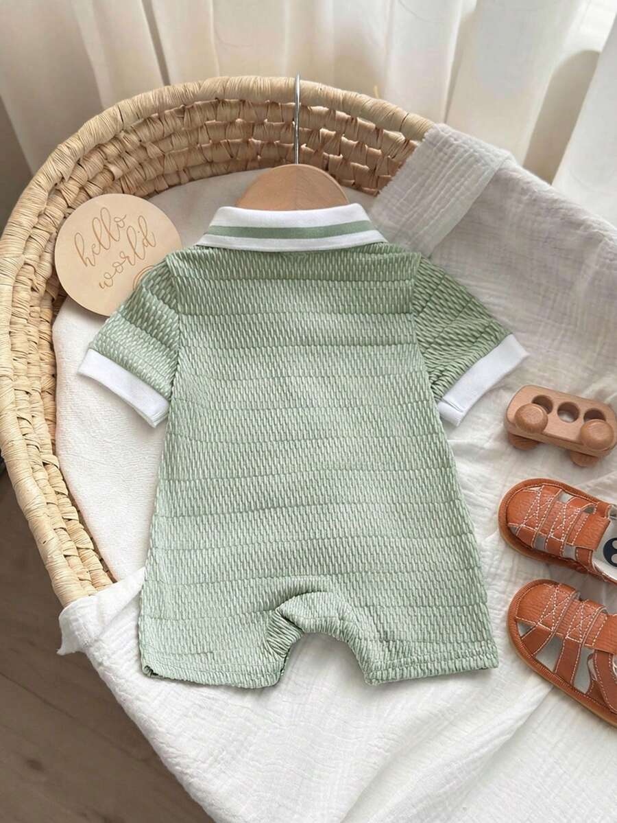 Unisex Newborn Baby Contrast Color Jacquard Polo Collar Half Zip Short Sleeve Jumpsuit Summer Outfit