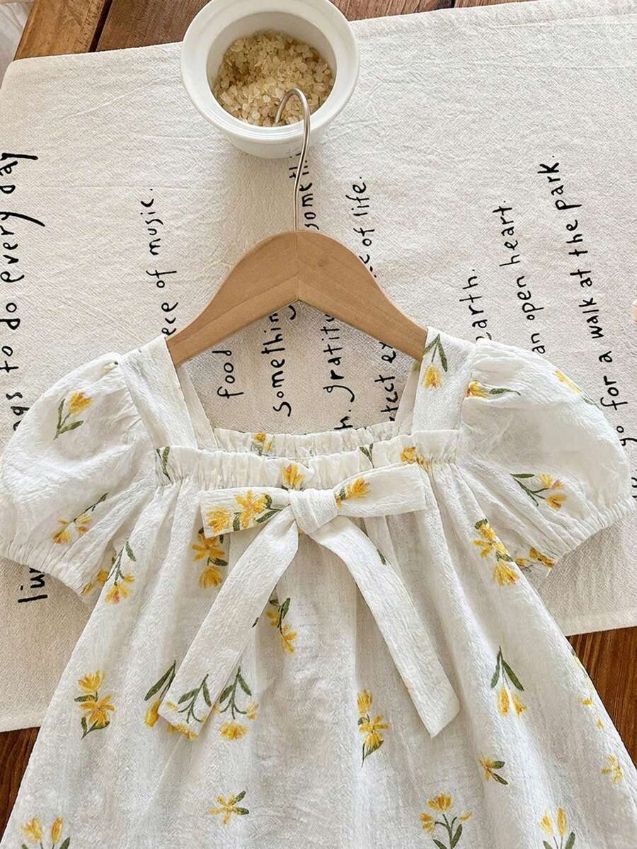 Baby Girl Plaid Bow Detail Short Sleeve Dress Cute Summer Vacation Outfit