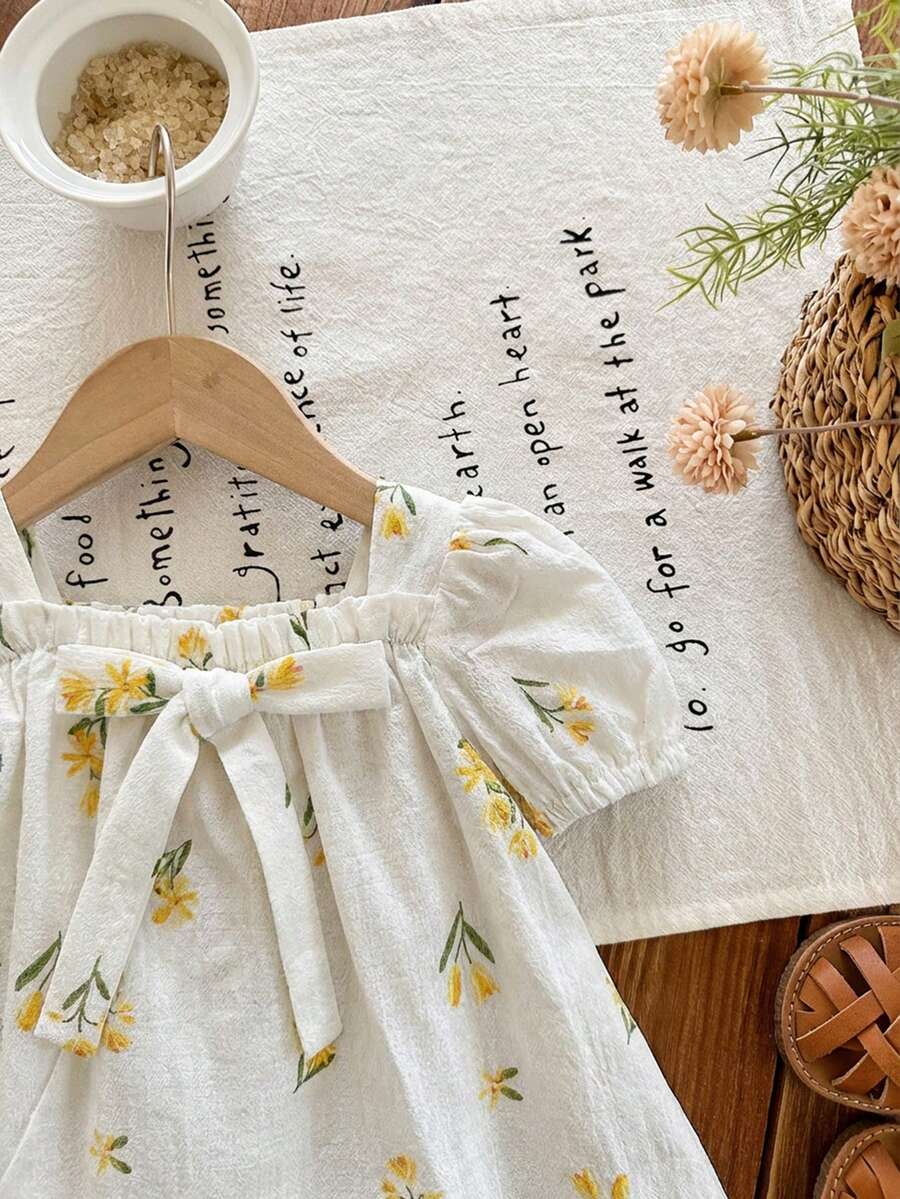 Baby Girl Plaid Bow Detail Short Sleeve Dress Cute Summer Vacation Outfit