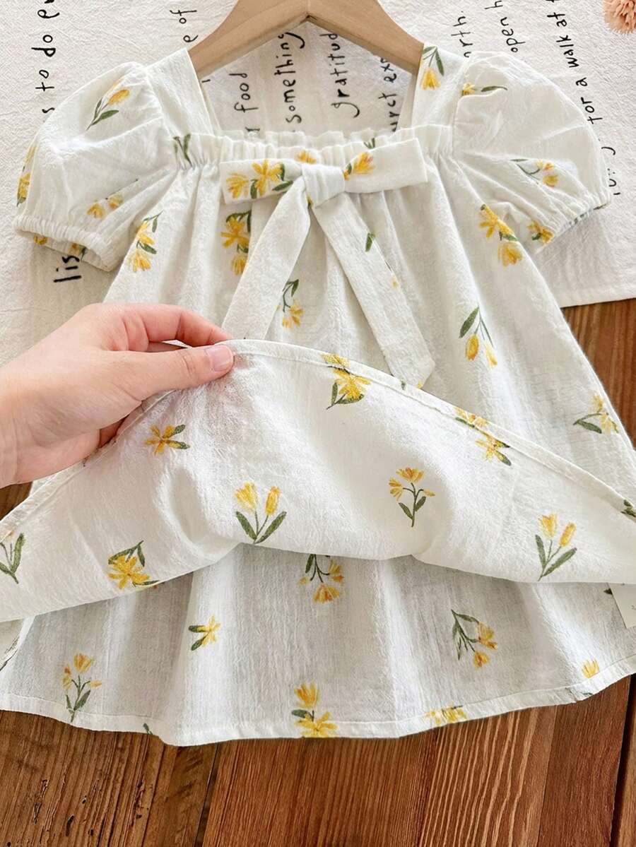 Baby Girl Plaid Bow Detail Short Sleeve Dress Cute Summer Vacation Outfit