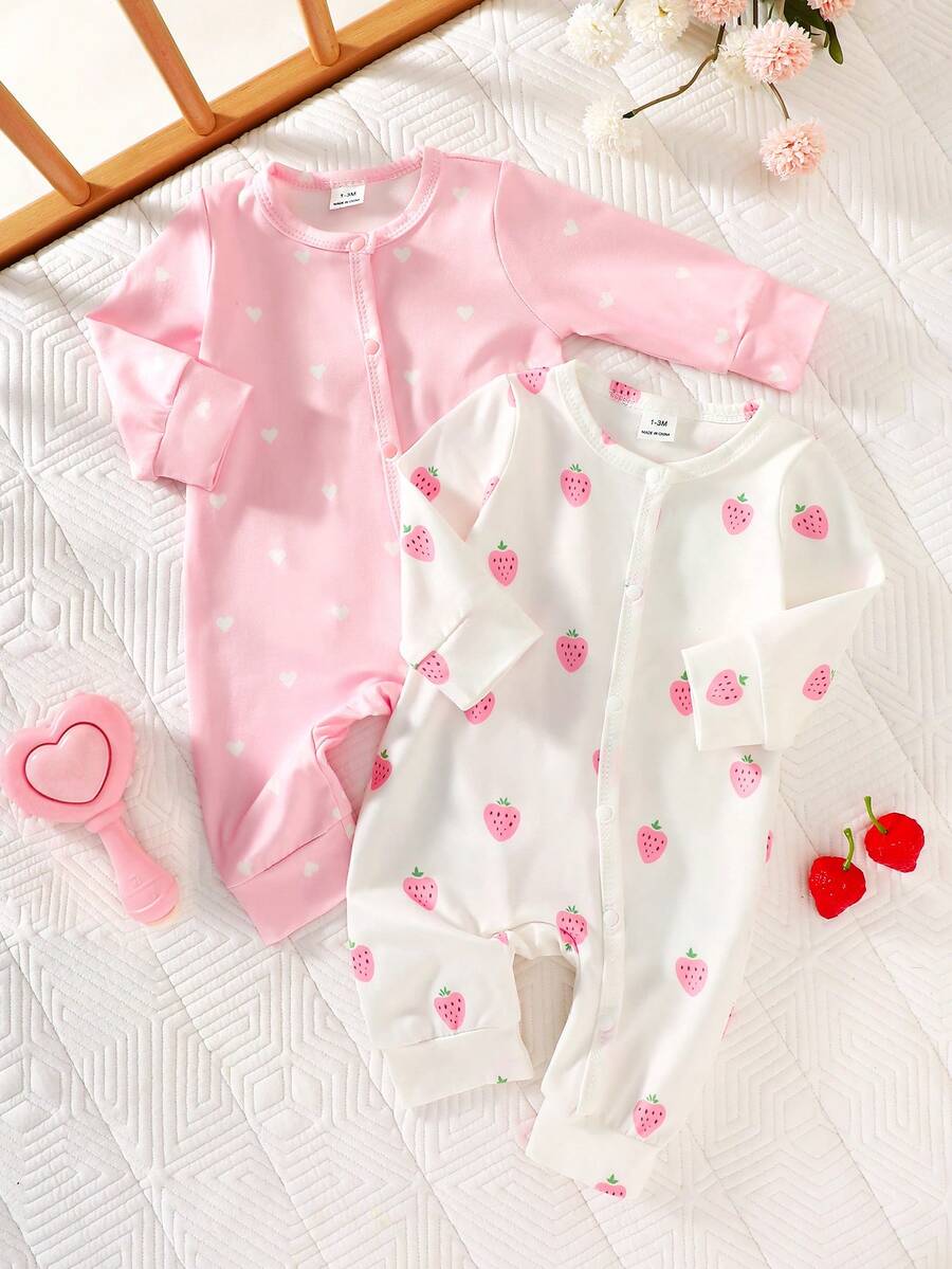 2PCS Baby Strawberry Print Long Sleeve Romper Set for Spring and Autumn Wear