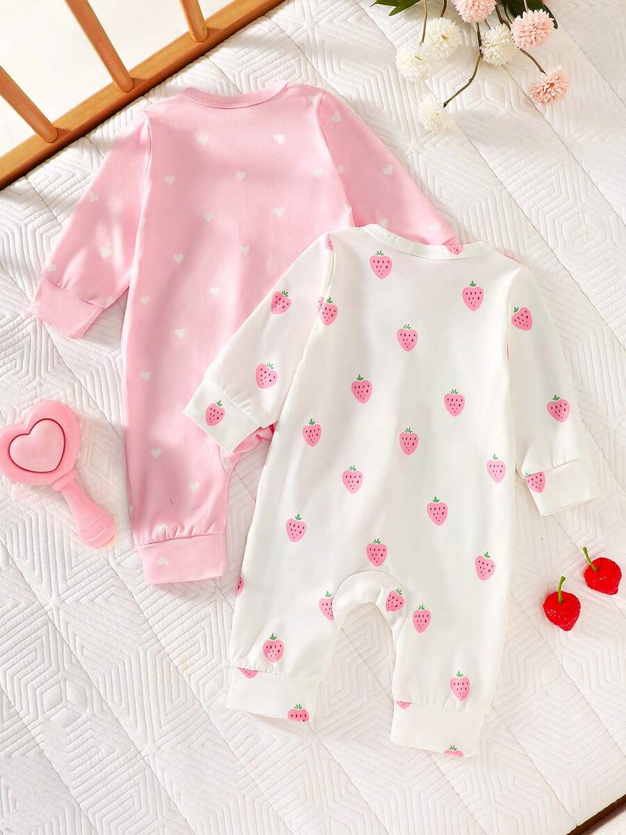 2PCS Baby Strawberry Print Long Sleeve Romper Set for Spring and Autumn Wear