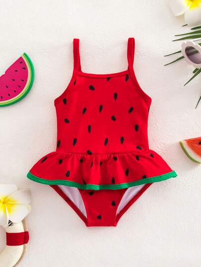 Baby Watermelon Print Ruffle Sleeveless One-Piece Swimsuit for Summer Beach Days