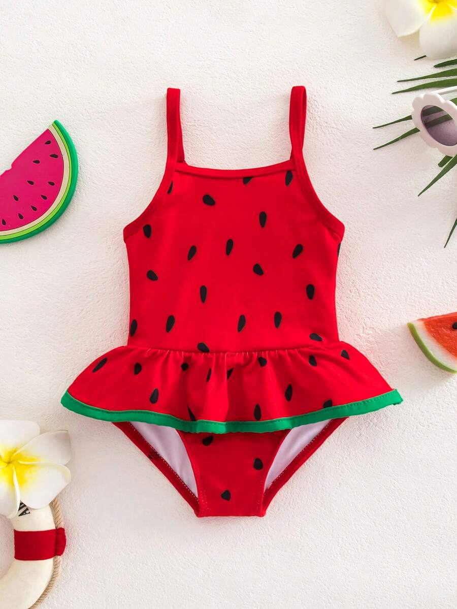 Baby Watermelon Print Ruffle Sleeveless One-Piece Swimsuit for Summer Beach Days