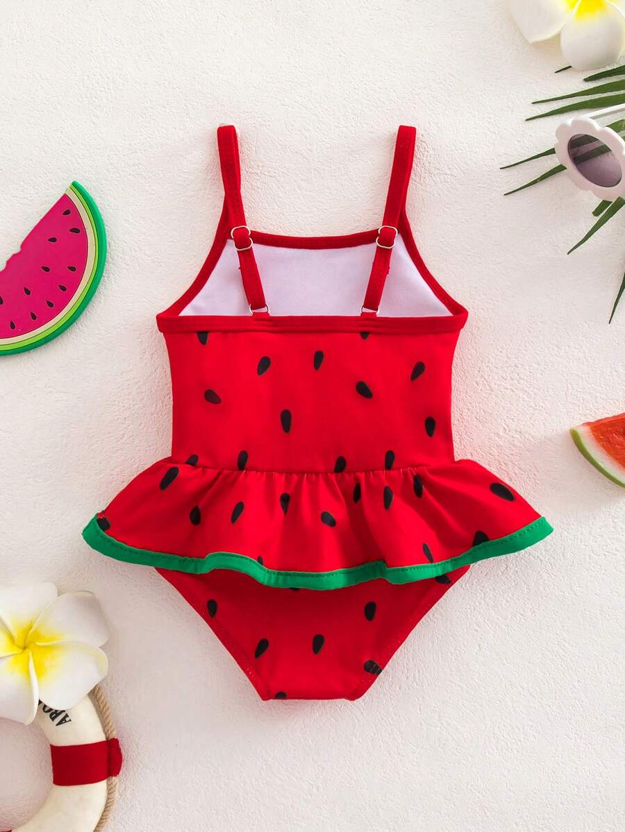 Baby Watermelon Print Ruffle Sleeveless One-Piece Swimsuit for Summer Beach Days