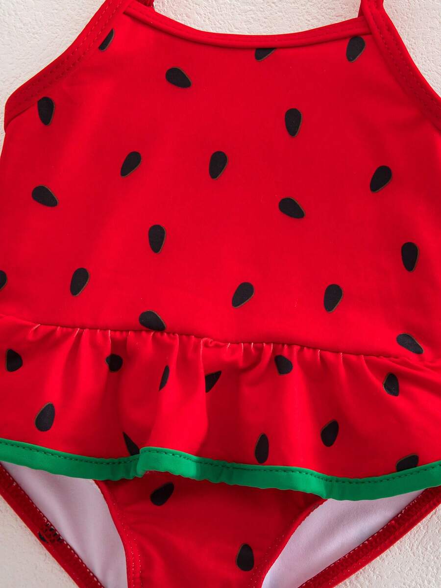 Baby Watermelon Print Ruffle Sleeveless One-Piece Swimsuit for Summer Beach Days