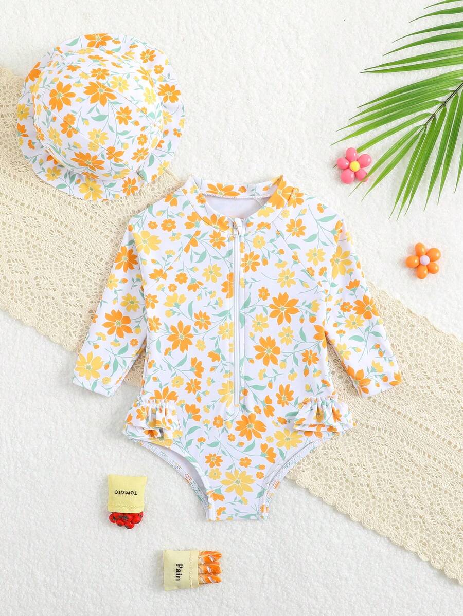 Baby Floral Print Ruffle Long Sleeve Swimsuit Set with Matching Swim Cap