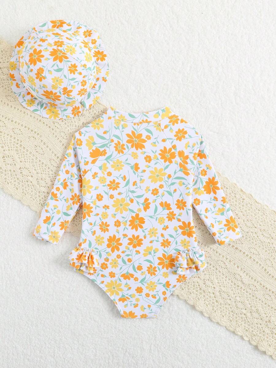 Baby Floral Print Ruffle Long Sleeve Swimsuit Set with Matching Swim Cap