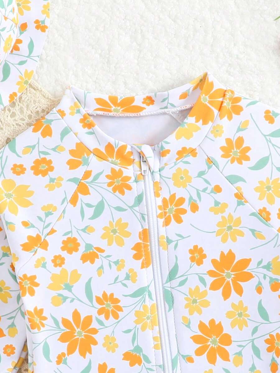 Baby Floral Print Ruffle Long Sleeve Swimsuit Set with Matching Swim Cap