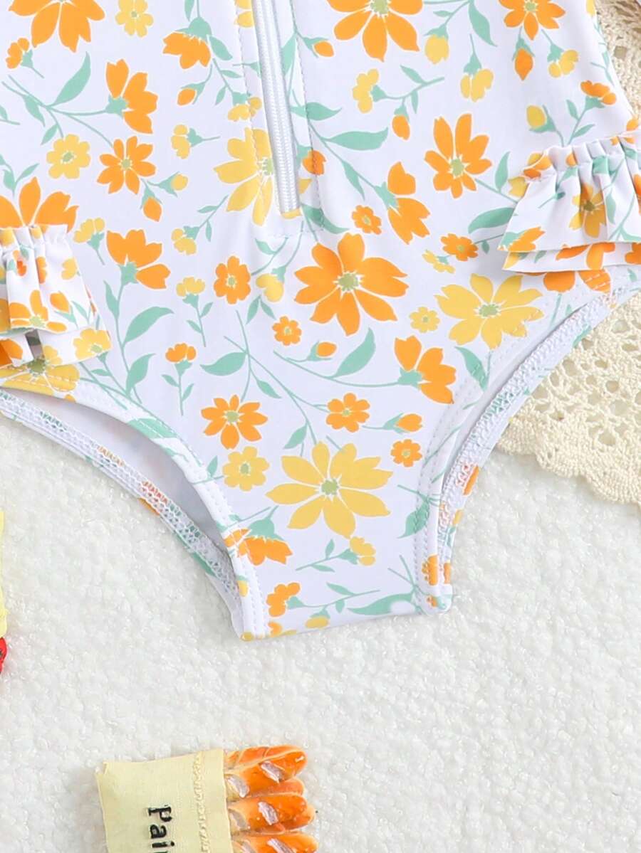 Baby Floral Print Ruffle Long Sleeve Swimsuit Set with Matching Swim Cap