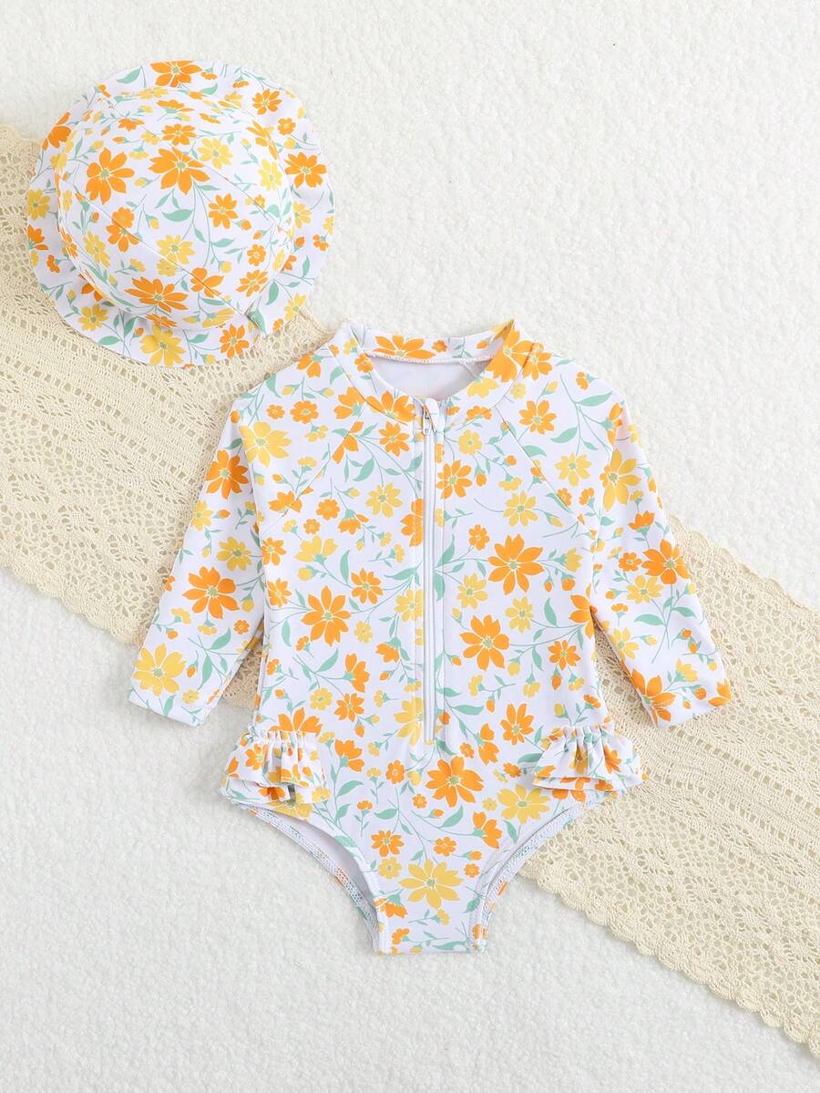 Baby Floral Print Ruffle Long Sleeve Swimsuit Set with Matching Swim Cap