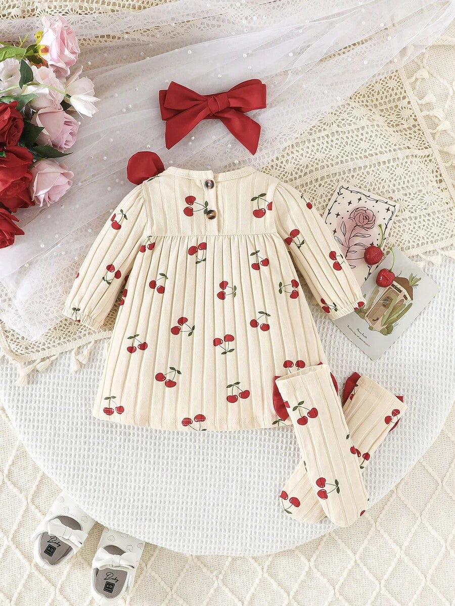 3PCS Baby Dress Gift Set with Bow Headband and Socks for Cute Daily Wear