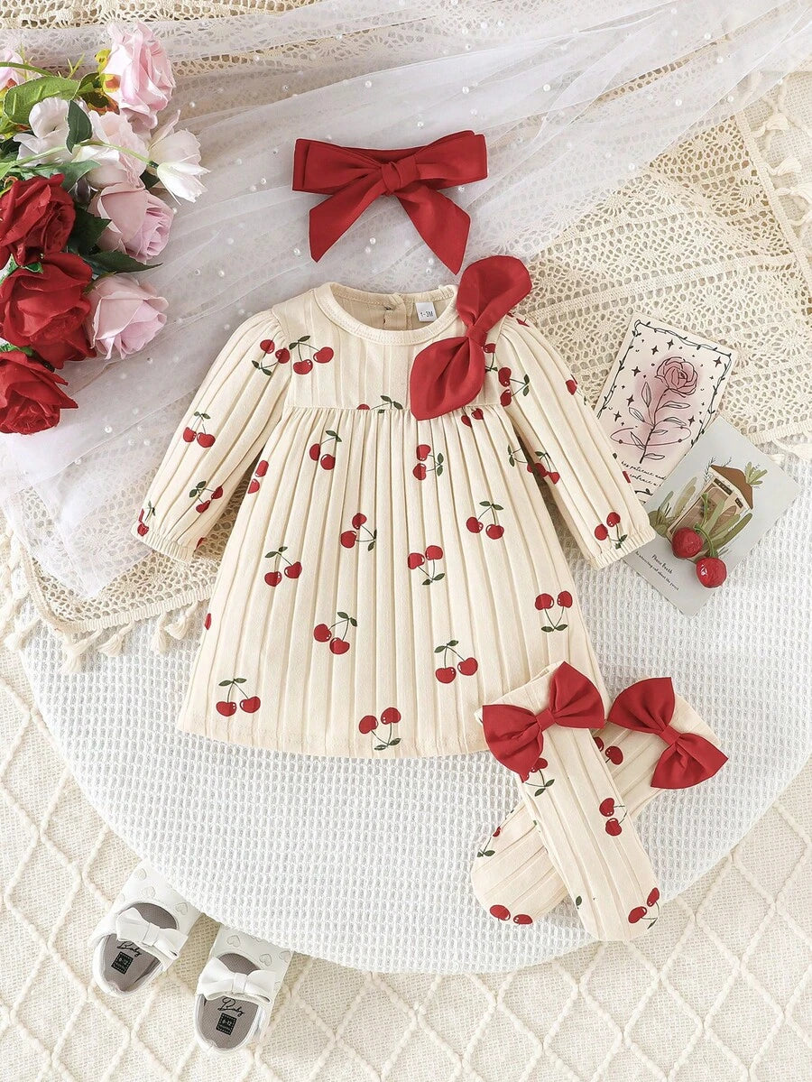 3PCS Baby Dress Gift Set with Bow Headband and Socks for Cute Daily Wear