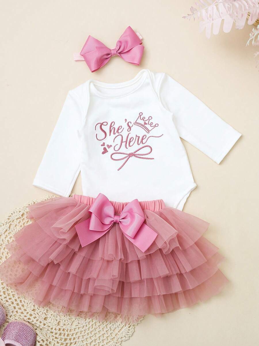 Baby Girl Romper with Tutu Skirt and Bow Headband for Photoshoots and Coming Home