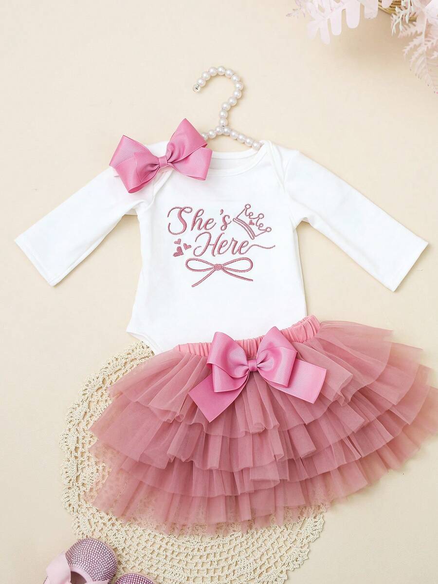Baby Girl Romper with Tutu Skirt and Bow Headband for Photoshoots and Coming Home