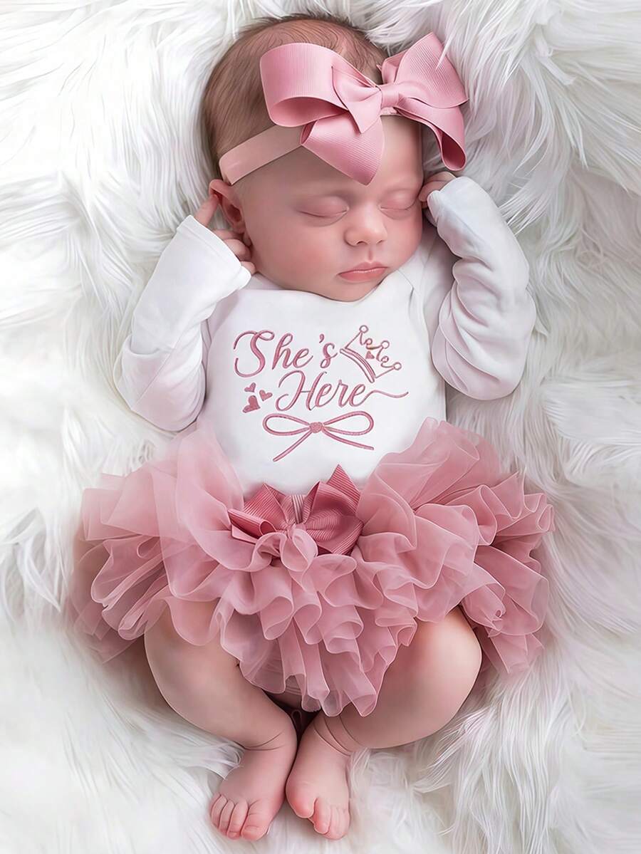 Baby Girl Romper with Tutu Skirt and Bow Headband for Photoshoots and Coming Home