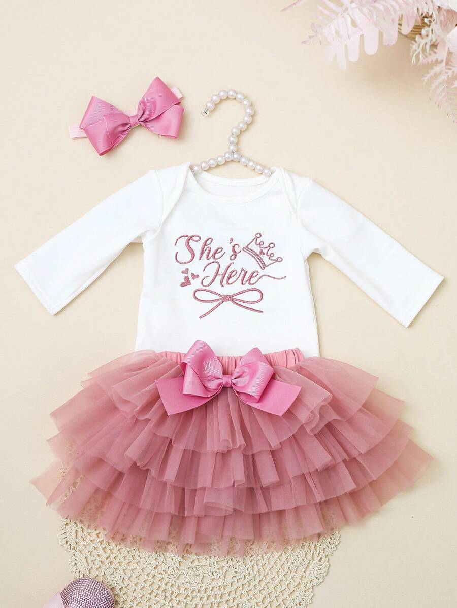 Baby Girl Romper with Tutu Skirt and Bow Headband for Photoshoots and Coming Home