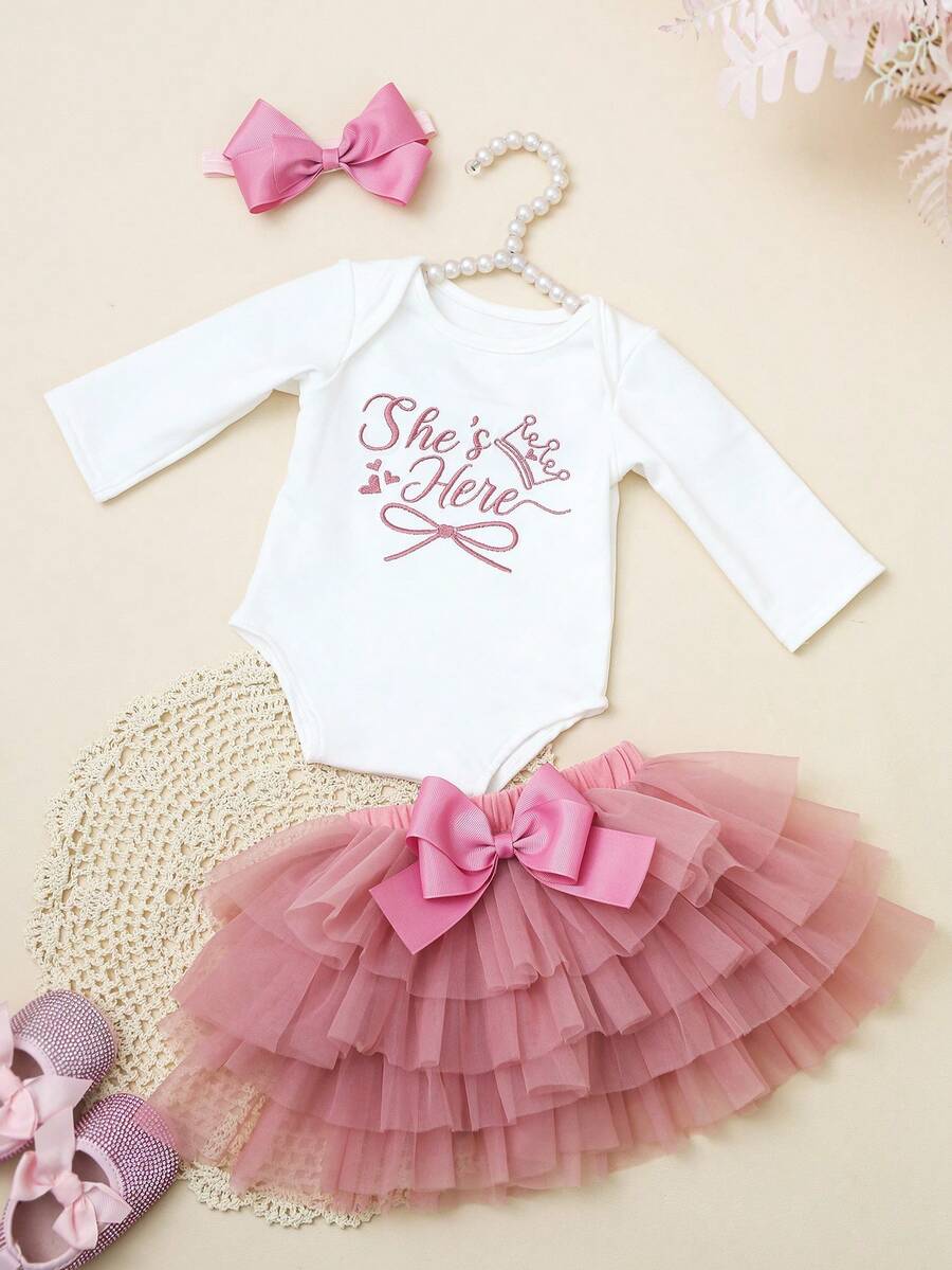 Baby Girl Romper with Tutu Skirt and Bow Headband for Photoshoots and Coming Home